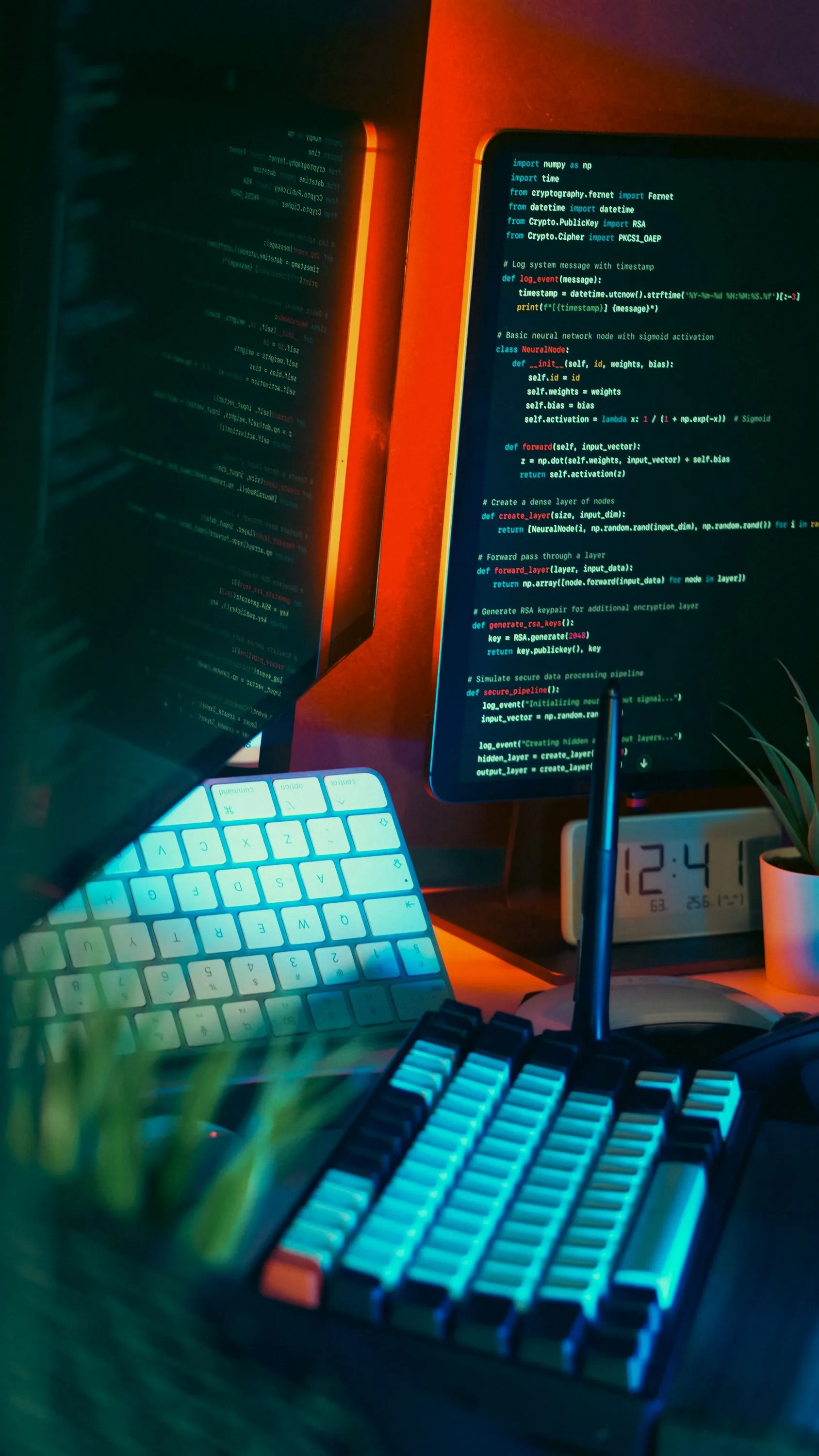 A real programmer workspace with monitors and source code